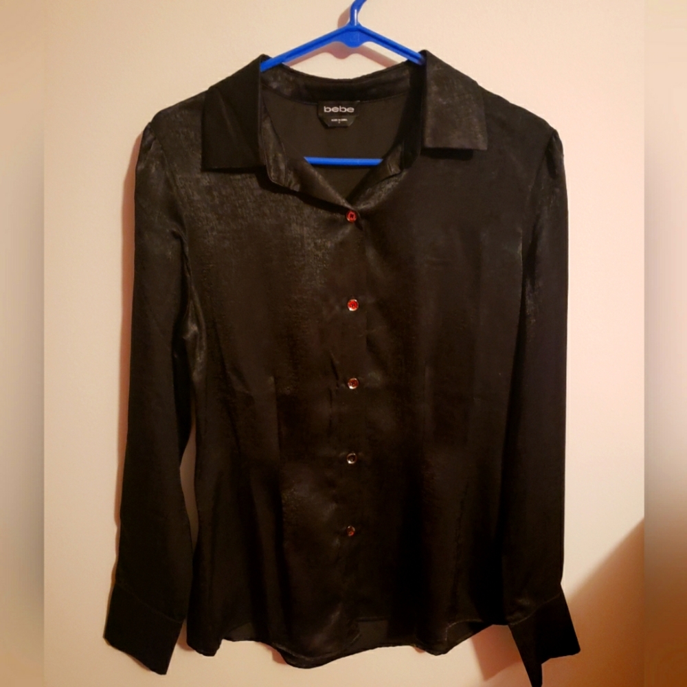 Bebe Women's Collared Button Up Top. Long Sleeve. Color Black. Size S